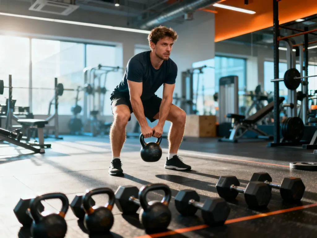 Mężczyzna wykonuje intensywny trening obwodowy z kettlebellami w nowoczesnej siłowni.