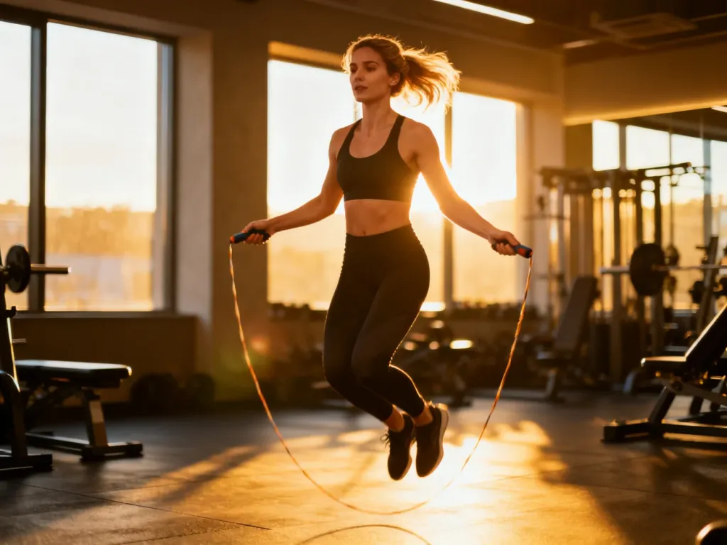 Kobieta wykonująca intensywny trening cardio ze skakanką w nowoczesnej, słonecznej siłowni.