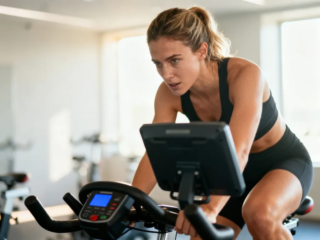 Wysportowana kobieta intensywnie trenuje na rowerze stacjonarnym w nowoczesnej sali fitness.